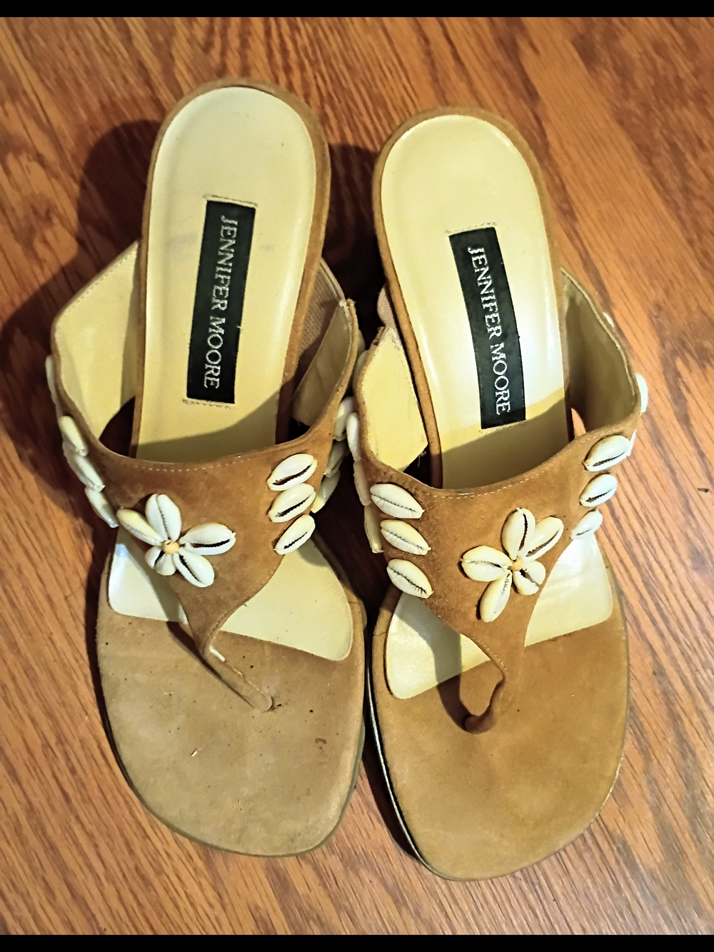 Jennifer Moore Brown Suede Floral Shell Mules